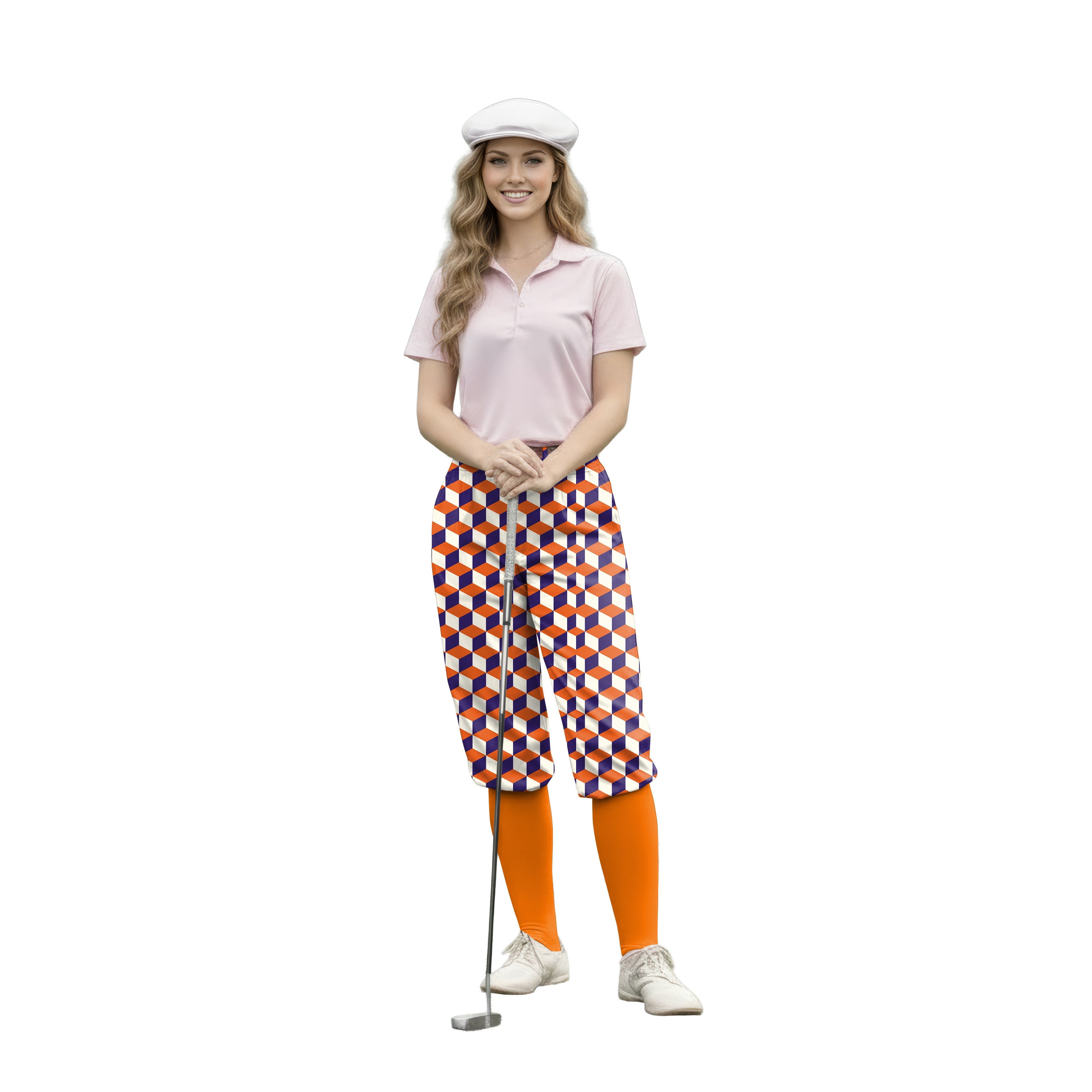 woman wearing orange 3d square box womens golf knickers pants with pink polo and white cap holding golf club