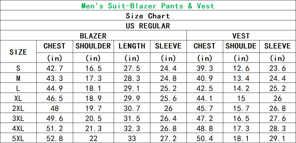 Custom photo logo men's party costume suit set with blazer, pants, and vest size chart