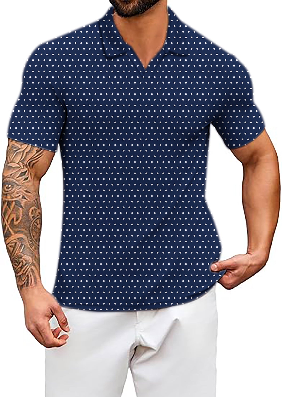 Men's Navy blue with white polka dots V Neck Golf Polo Shirts