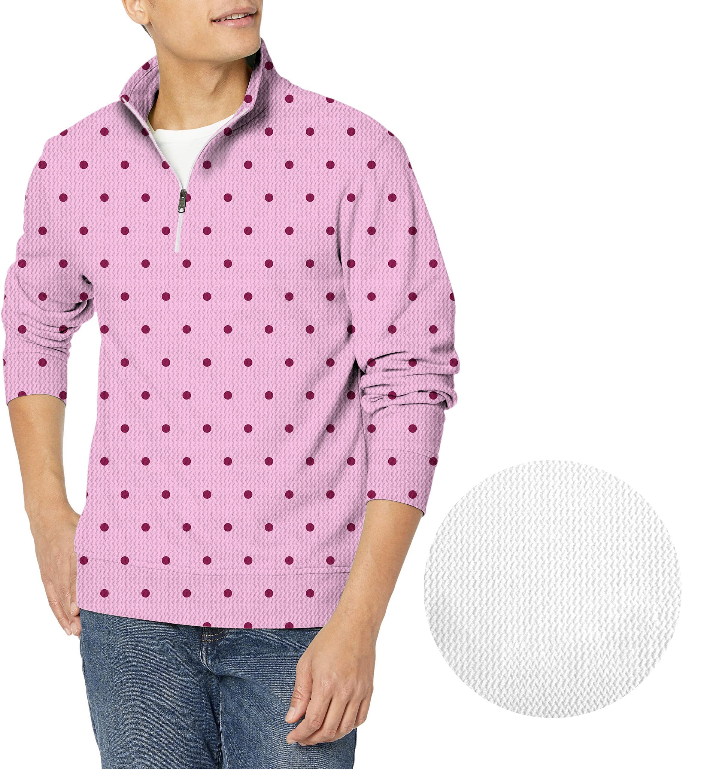 Pink Polka Dots Men's Golf Waffle Zipper Pullover