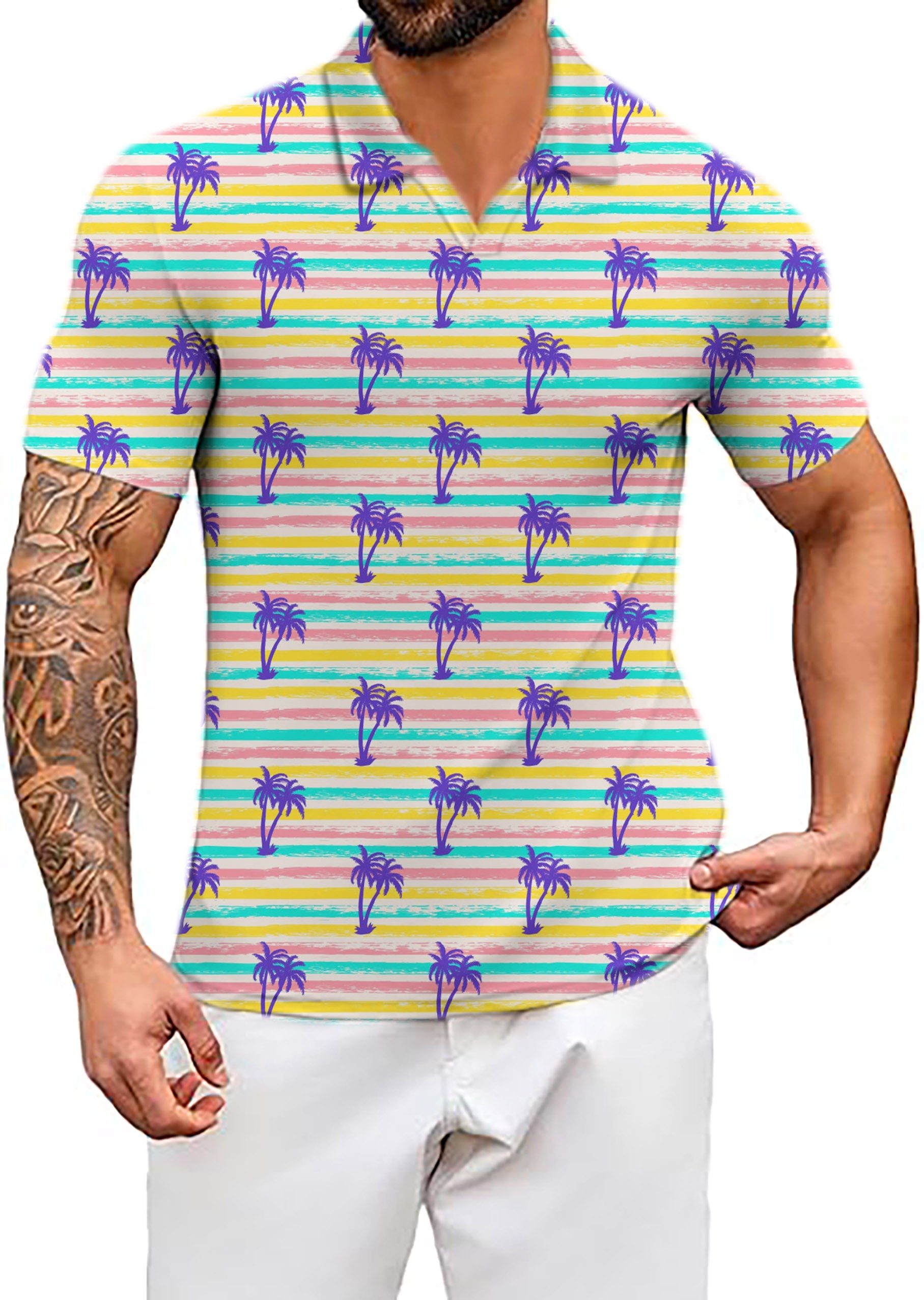 Men's Striped Summer Palm tree V Neck Golf Polo Shirts