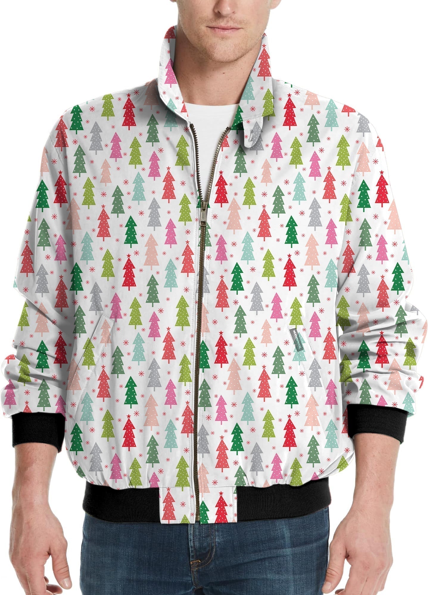 Men's golf windbreaker jacket with colorful Christmas tree pattern and full zip front