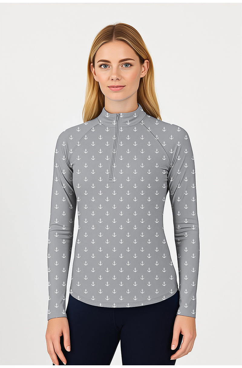 Light gray anchor women's golf active 3/4 zip long sleeve top with mock collar and quick-dry fabric