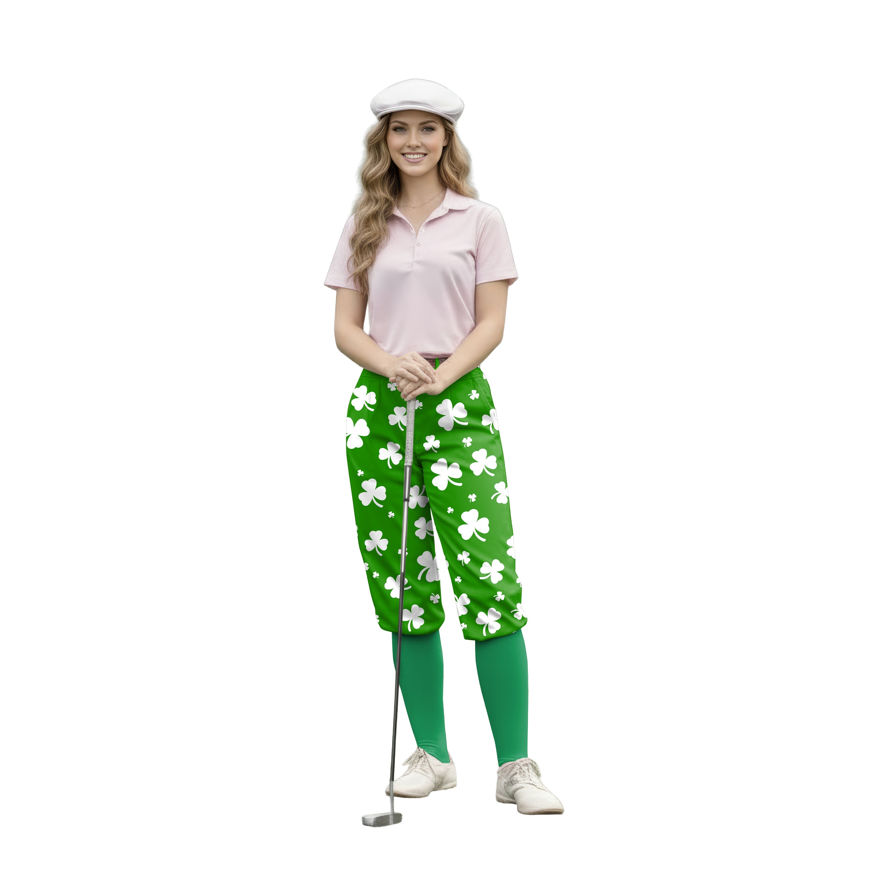 Woman wearing leaf clover St. Patrick's Day golf knickers pants holding a golf club