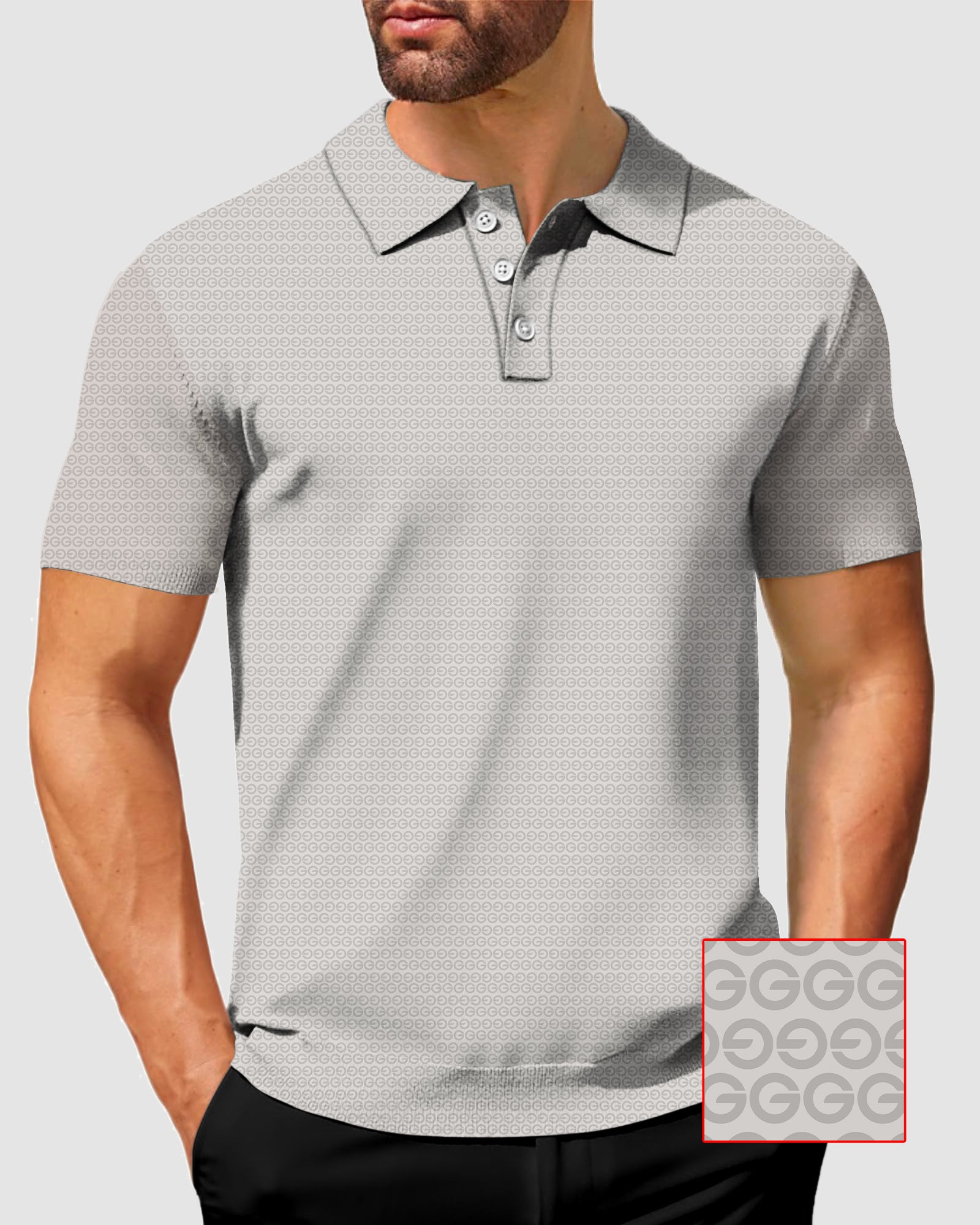 Men's beige G polo shirt with four-way stretch, moisture-wicking fabric, wrinkle resistance, UPF 40+ protection, and stay-right collar for a classic fit and business casual style
