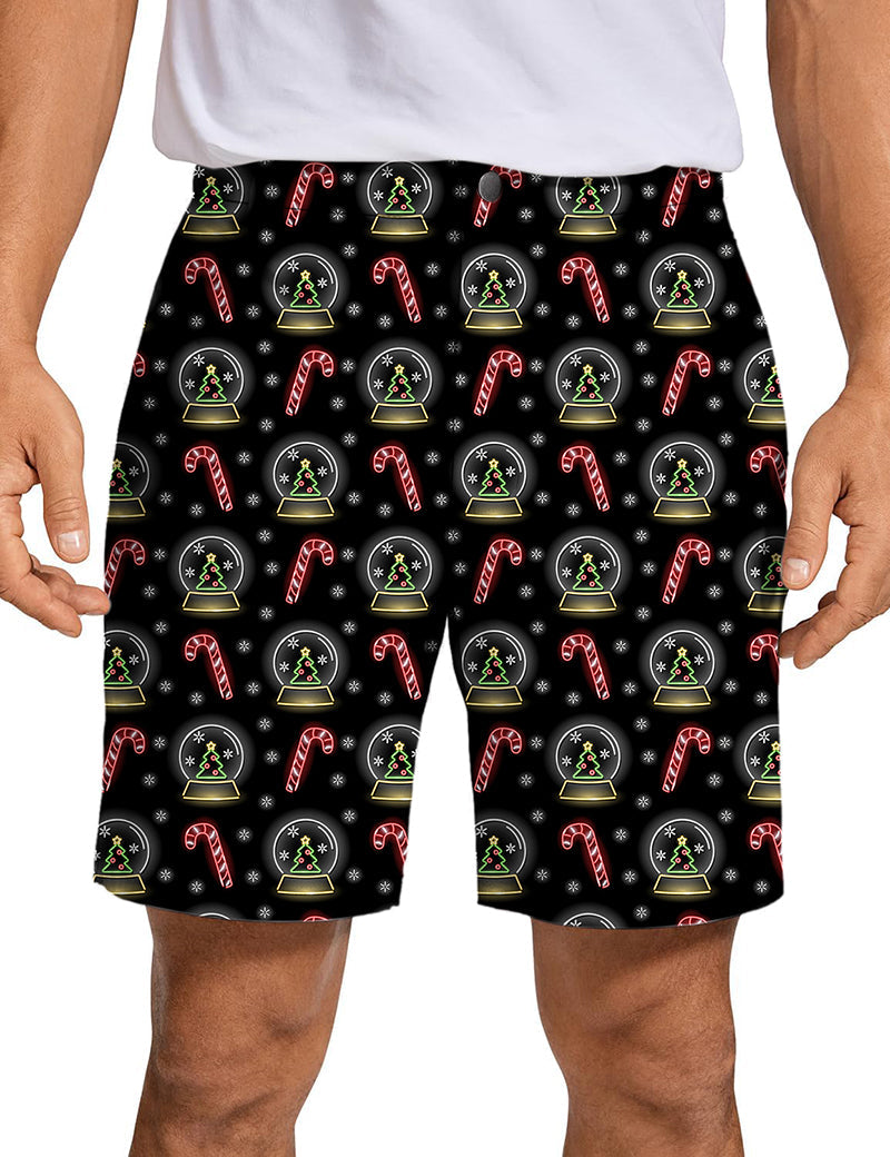 Men's Christmas decoration snowball golf shorts with candy cane and snow globe print on black background