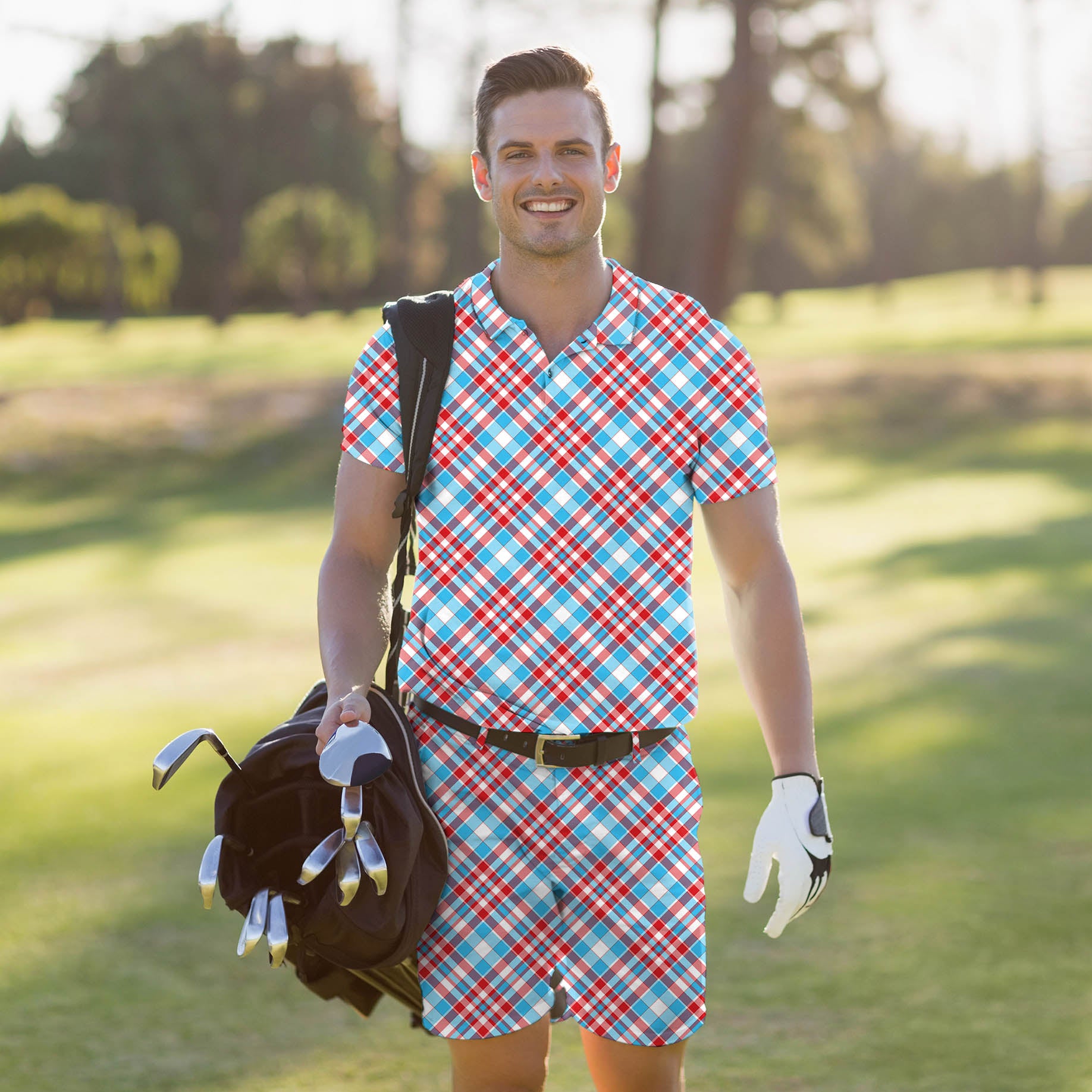 Men's Golf Set Polo+Shorts Argyle red blue