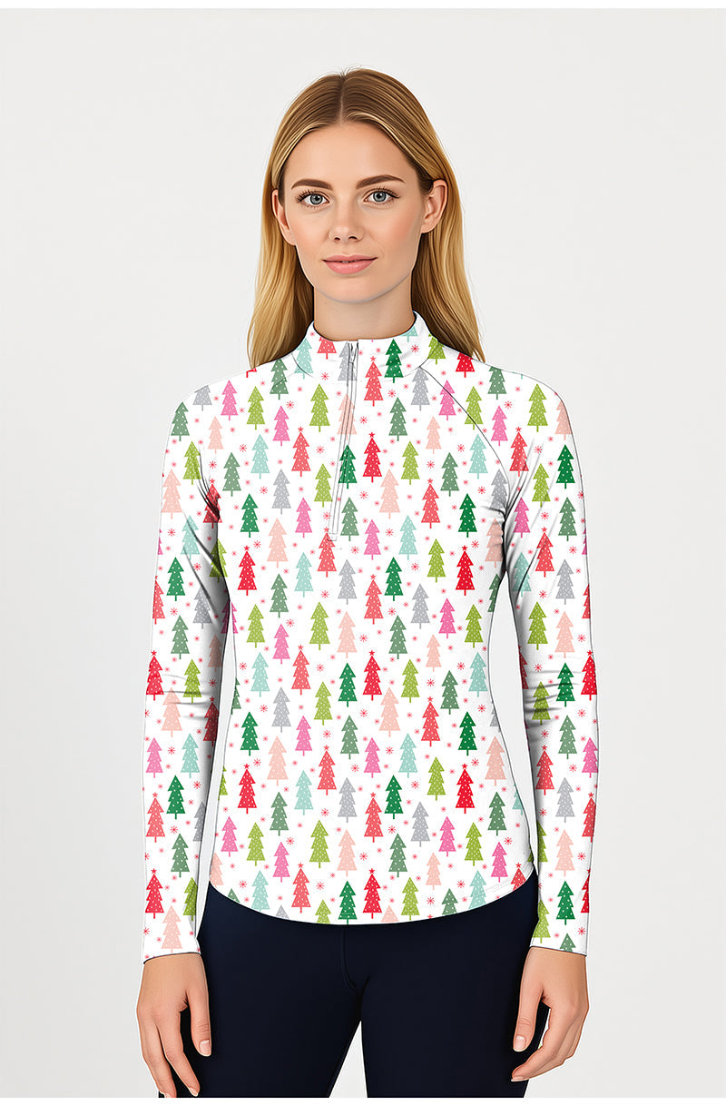Colorful Christmas tree print women's golf 3/4 zip top with long sleeves in light, breathable fabric