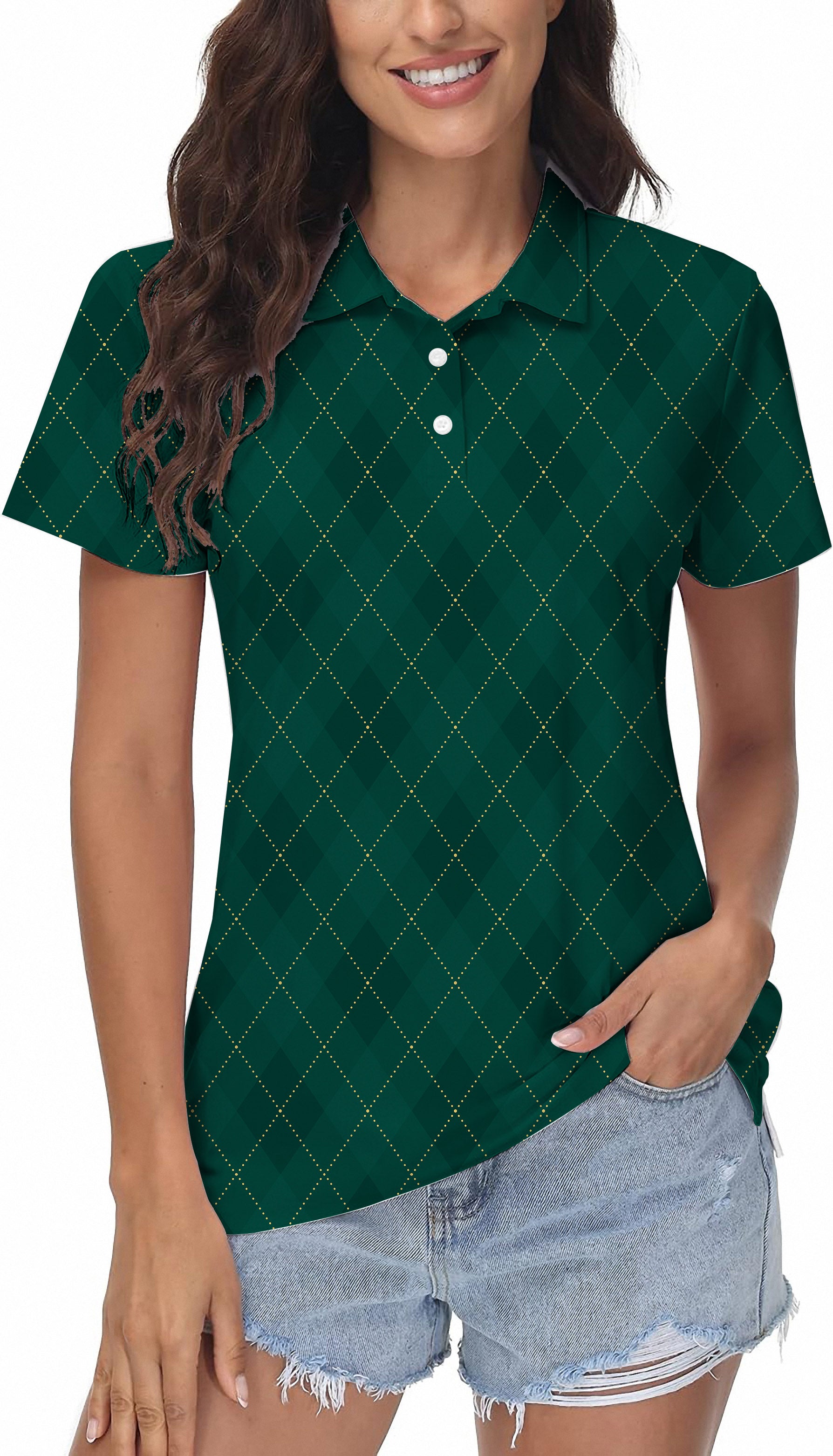 Women's Green diamond grid Golf Polo