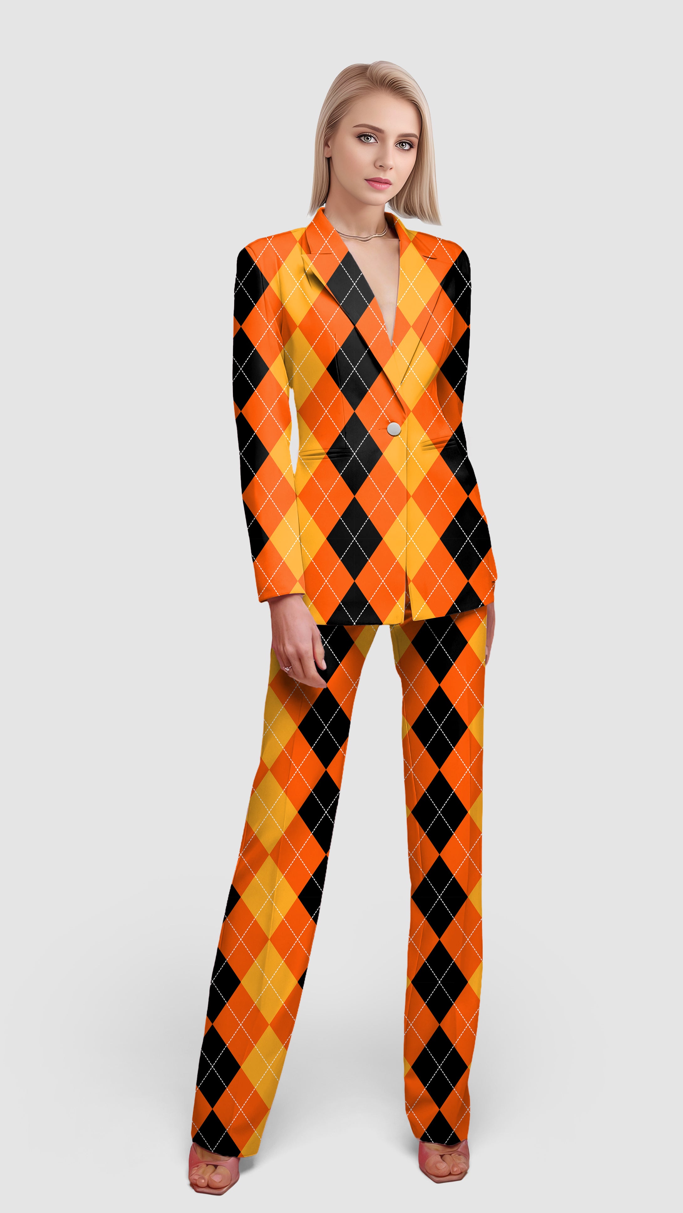 Halloween Black Yellow Orange Argyle Women's Blazer Casual Work Office Blazer Suit set