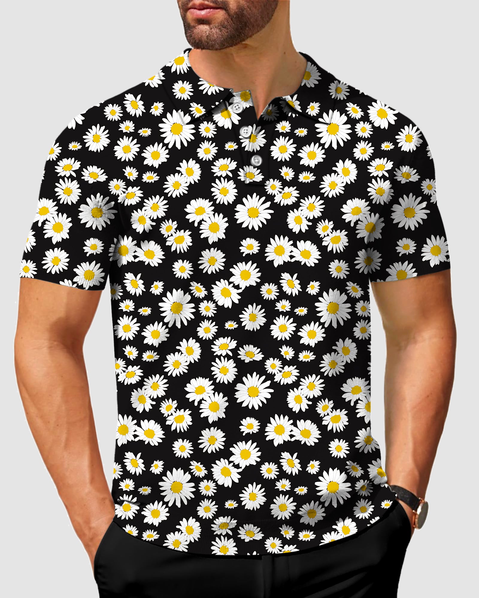 Men's Black Daisy Flower Cool Golf Polo