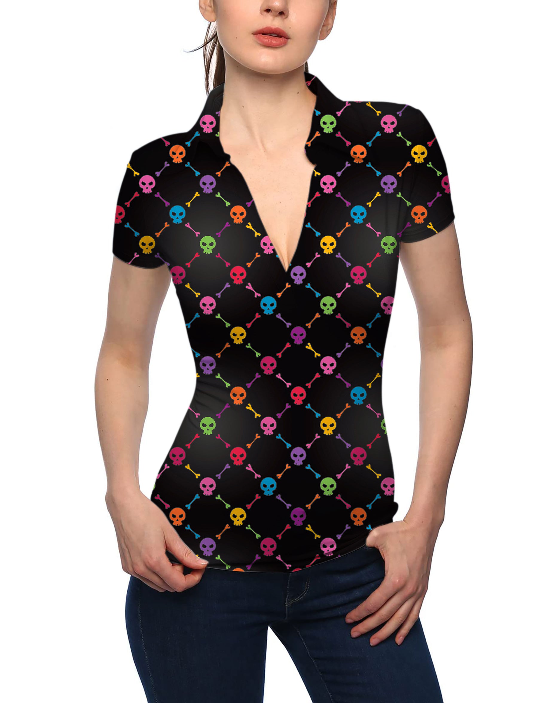 Women's Halloween Colors Skull Bones V Neck Golf Polo