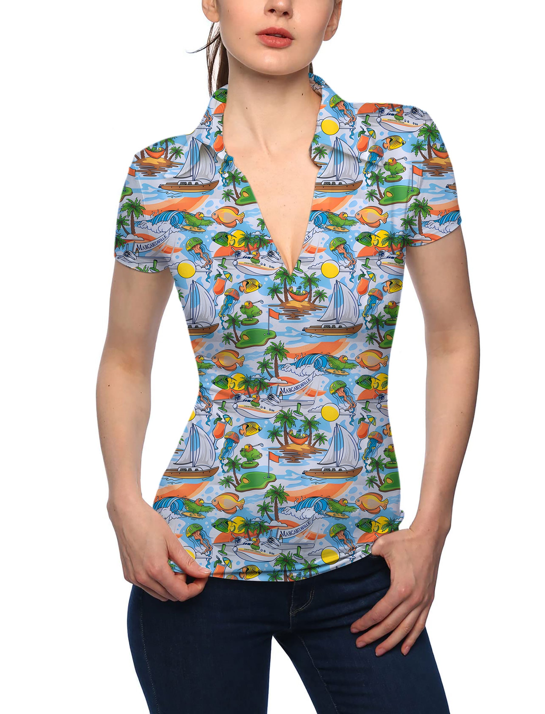 Women's MARGARITAVILLE - PINS IN PARADISE V Neck Golf Polo