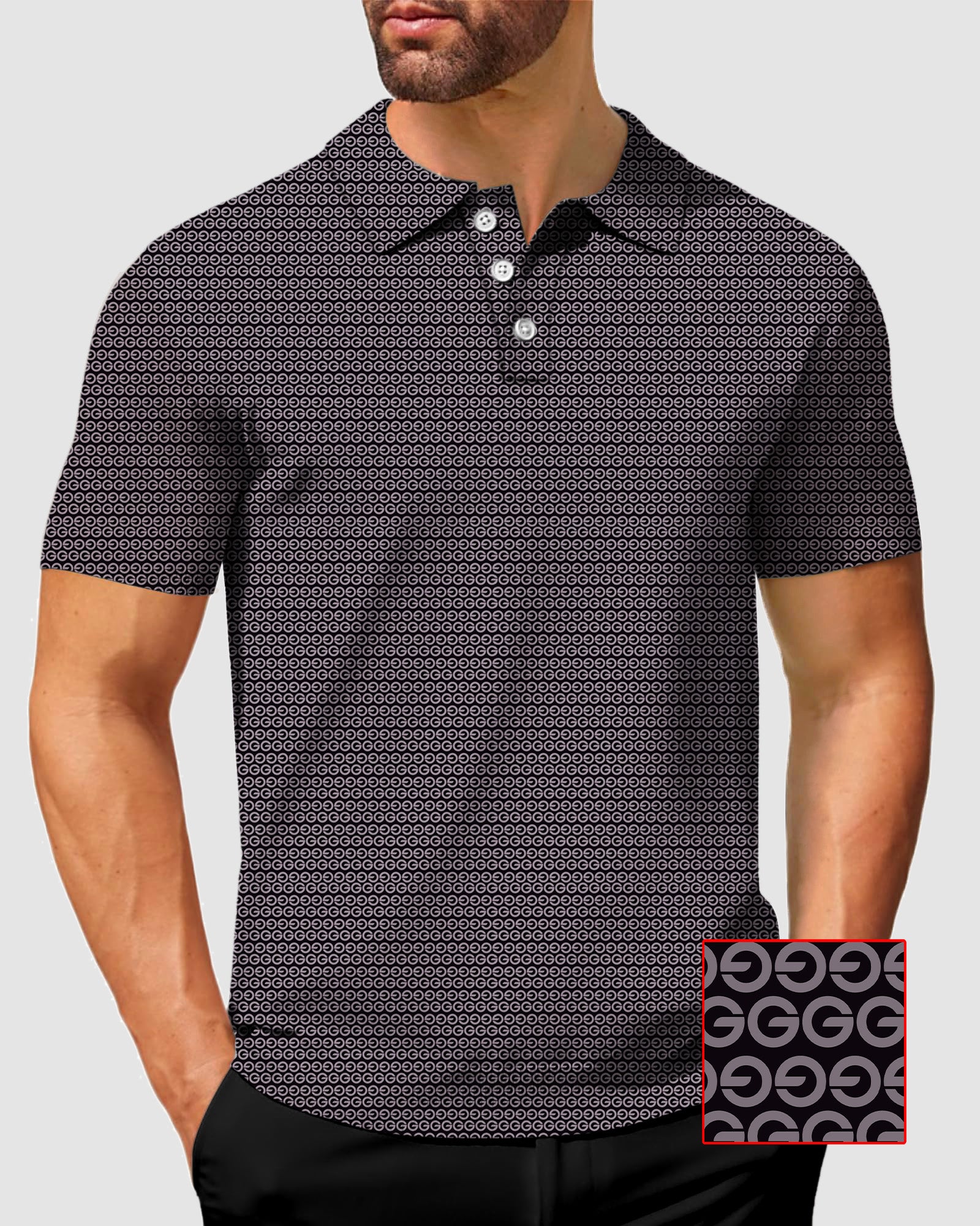 Men's Brown G Polo with four-way stretch, moisture-wicking fabric, wrinkle resistant, UPF 40+ protection, and custom logo options