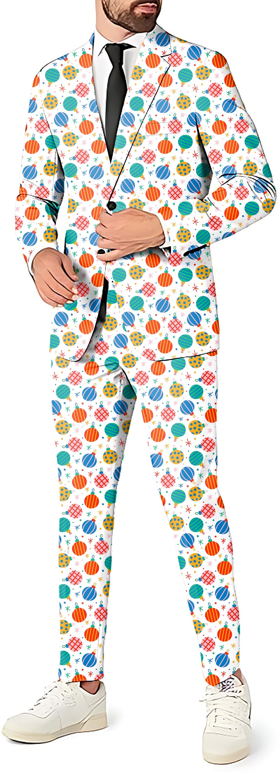 Men's Christmas Decoration suit with blazer, pants, and vest featuring festive ornament print