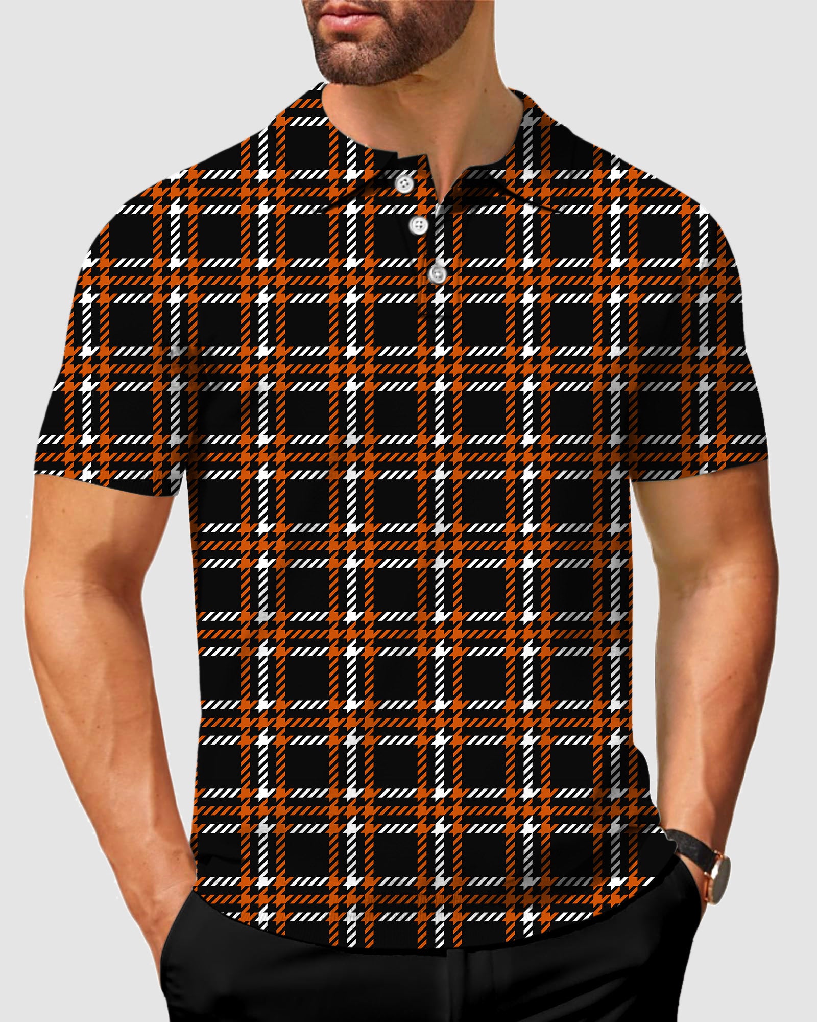 Men's Halloween black yellow white grid Polo