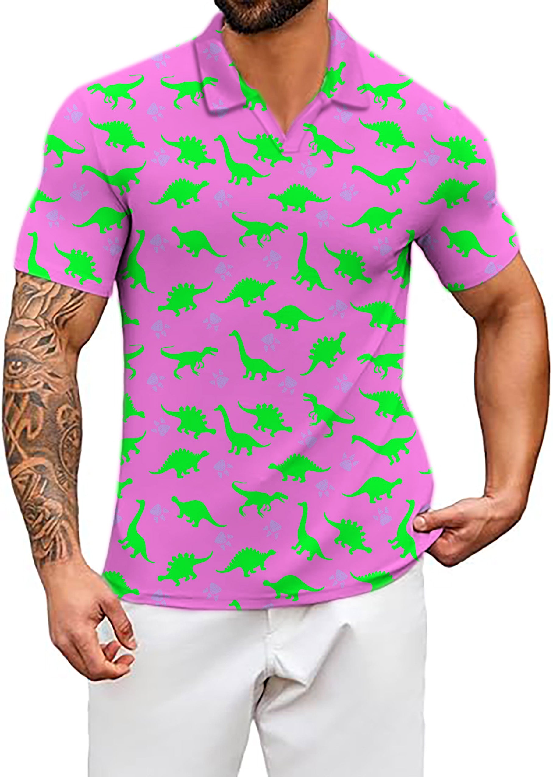 Men's Pink Land Before Time V Neck Golf Polo Shirts