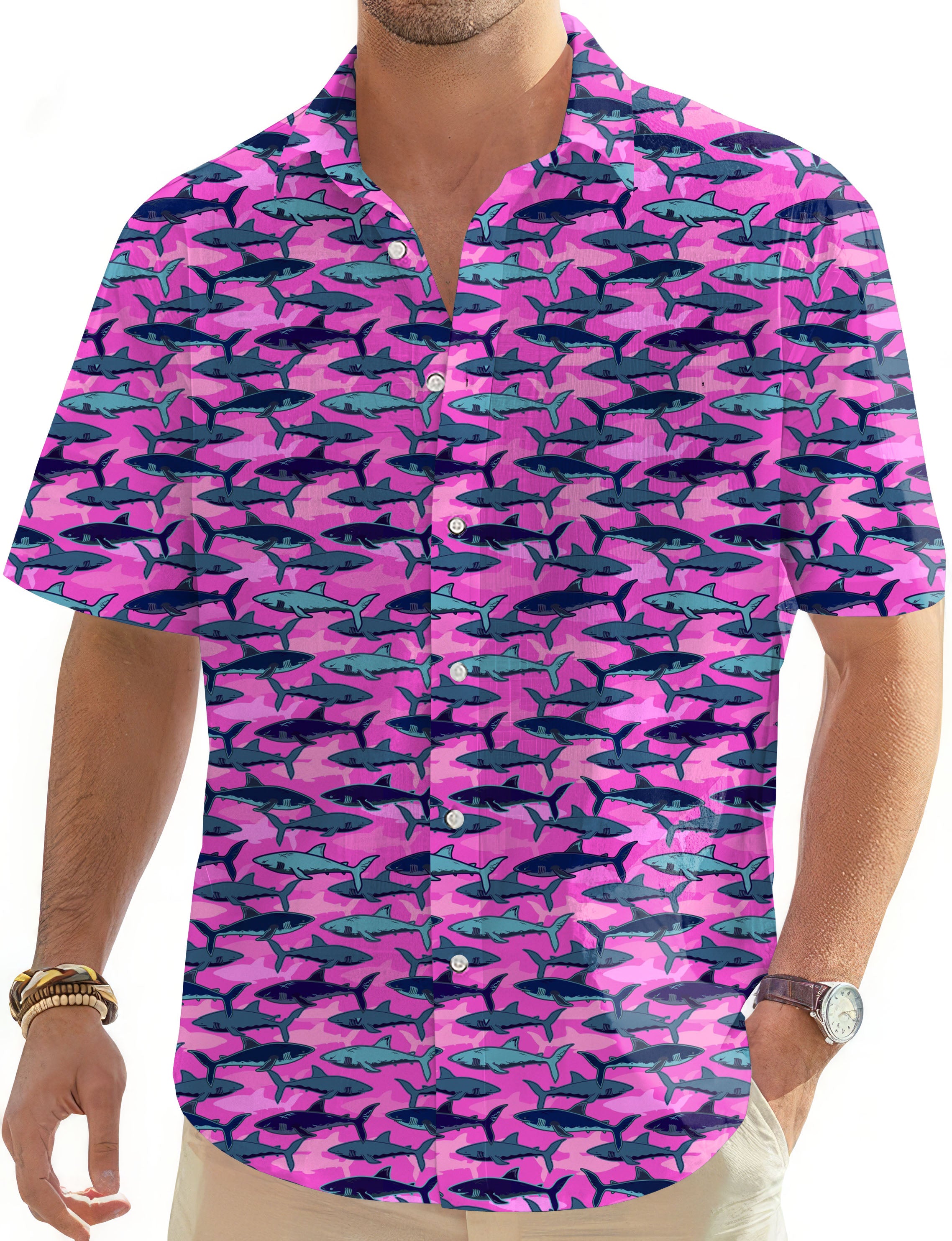 Electric Sharks Pink-Men's Golf Hawaiian Shirts Button Down Shirt