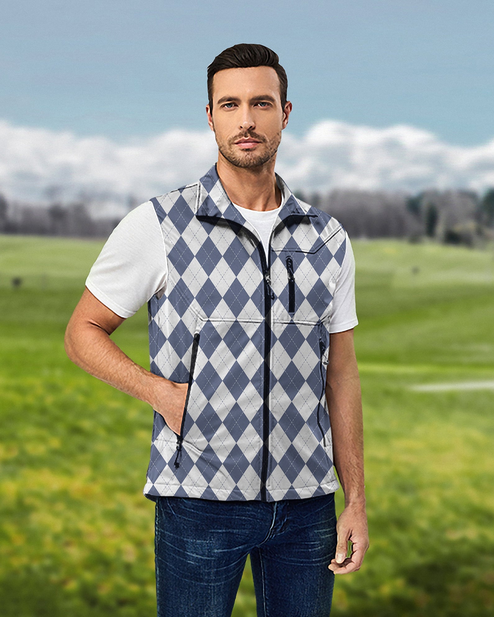 Men's Blue diamond grid Lightweight Softshell Vest Sleeveless Jacket for Golf Windproof Waterproof