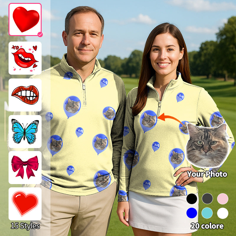 Valentine's Day custom yellow couple golf 3/4 zip top with photo face print