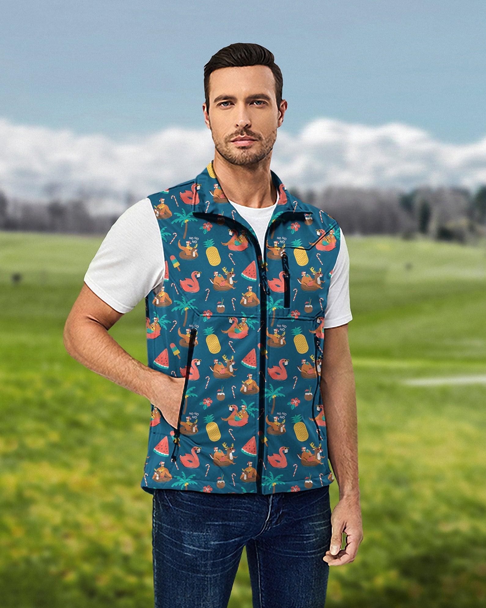 Men's Christmas Santa reindeer Summer Lightweight Softshell Vest Sleeveless Jacket for Golf Windproof Waterproof