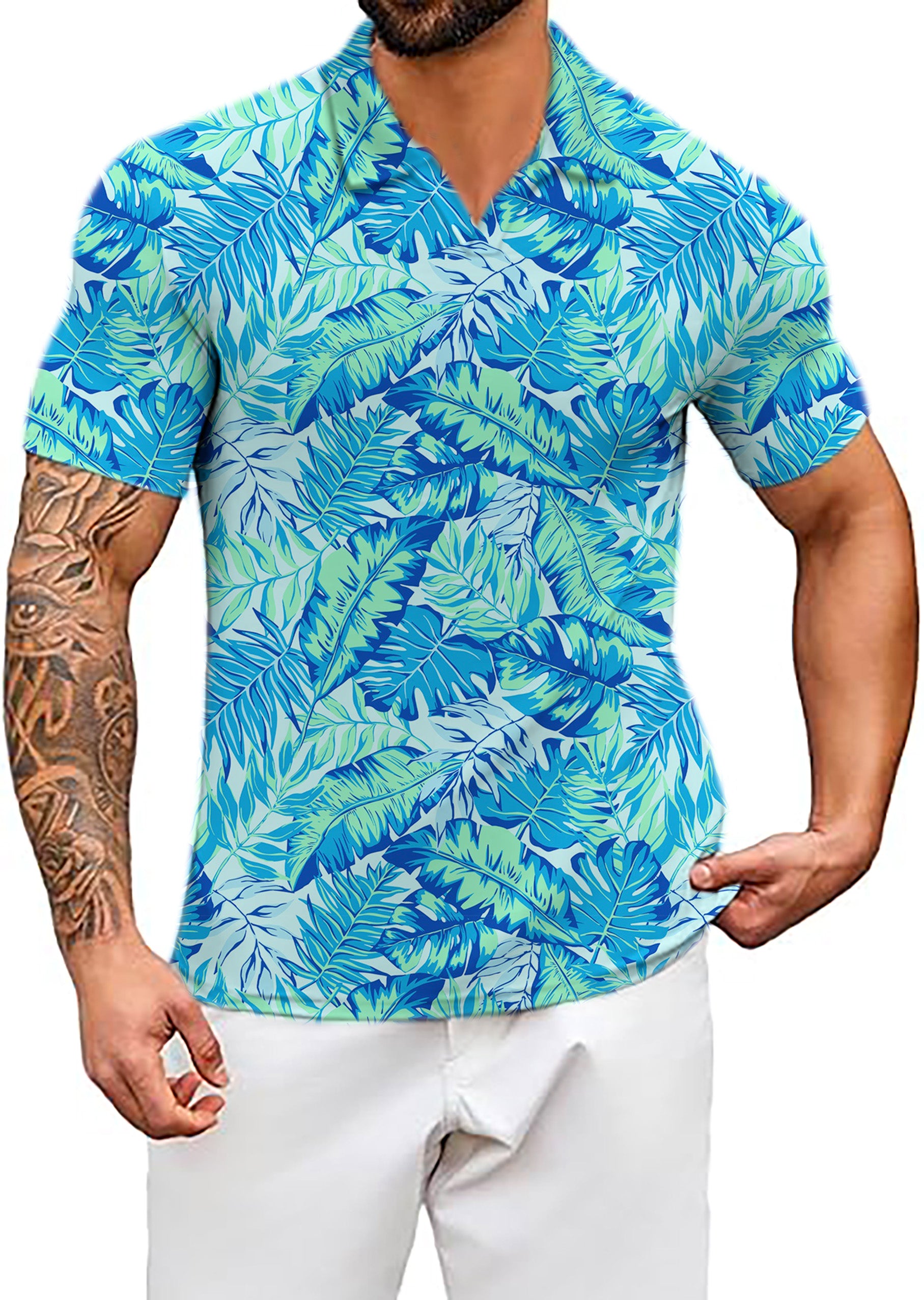 Men's Palm leaves V Neck Golf Polo Shirts