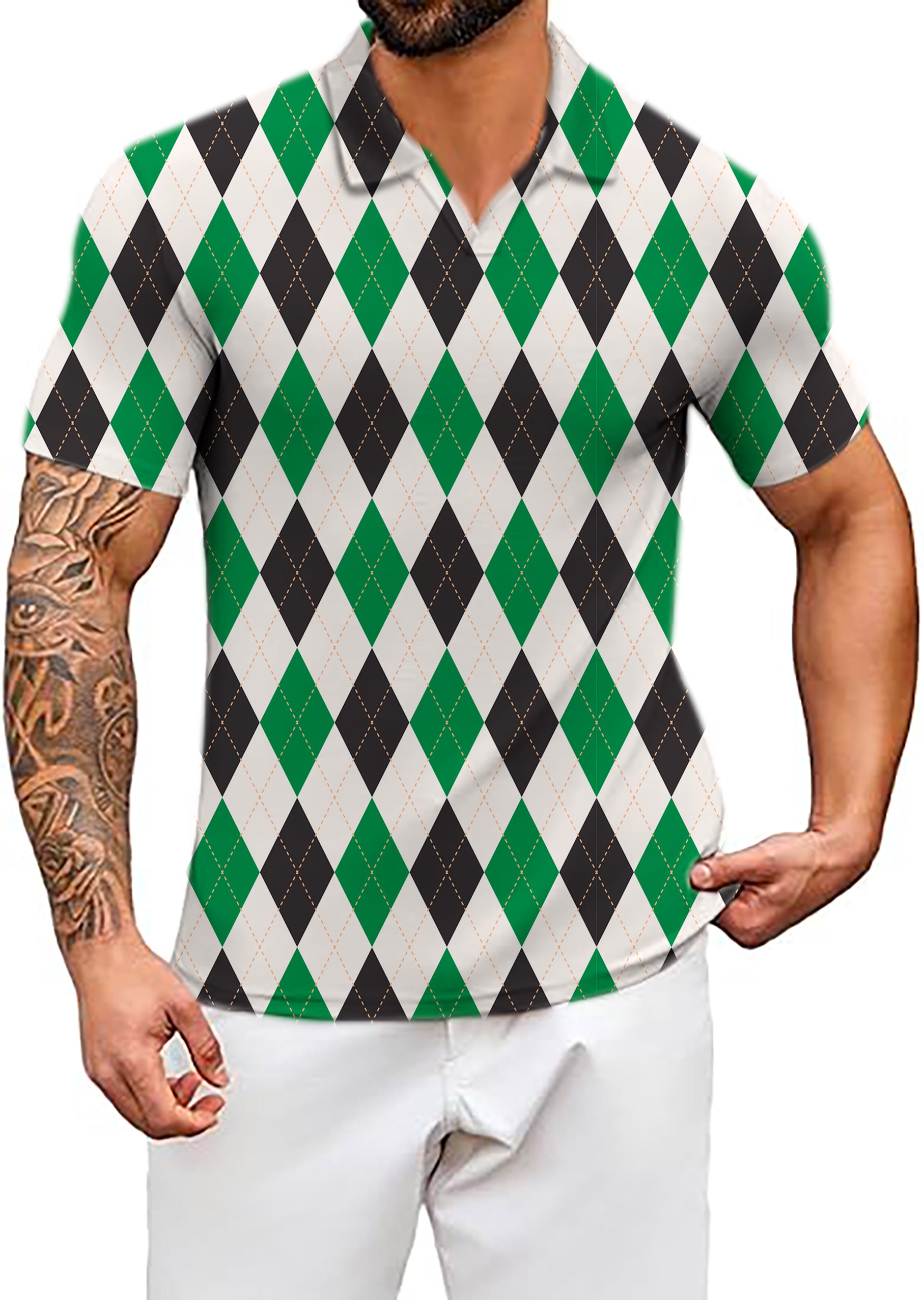 Men's Argyle grid V Neck Golf Polo Shirts