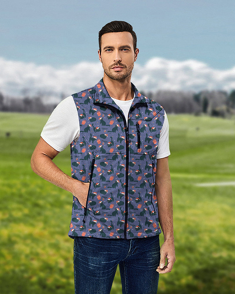Men's Christmas black cat softshell vest sleeveless jacket for golf, windproof and waterproof