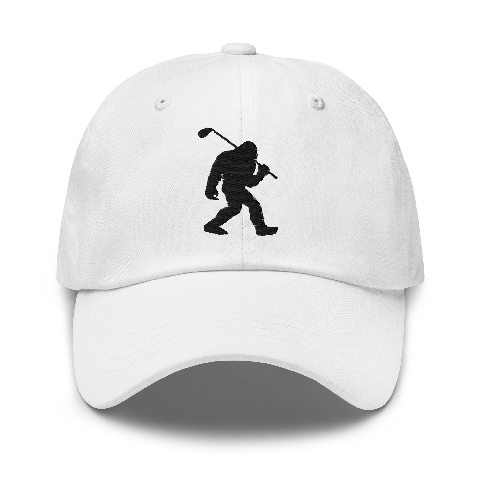 Custom embroidered vintage Bigfoot golfer black silhouette on white snapback hat