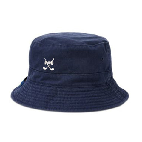 Navy bucket hat with embroidered golf clubs design, customized embroidered name hat for sun protection and casual style.