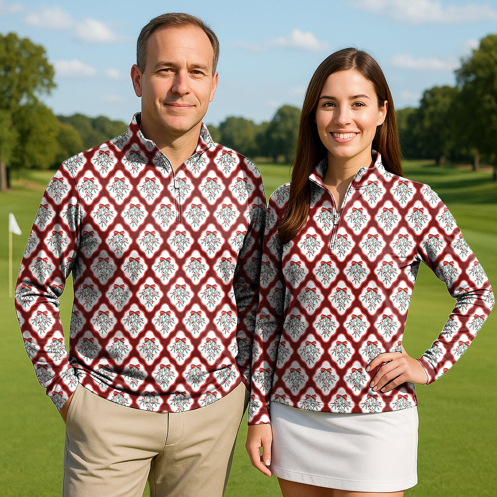 Christmas red holly Couple Golf Active 3/4 Zipper Top Long Sleeves