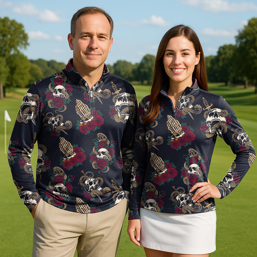 Halloween Snake Skeleton Couple Golf Active 3/4 Zipper Top Long Sleeves