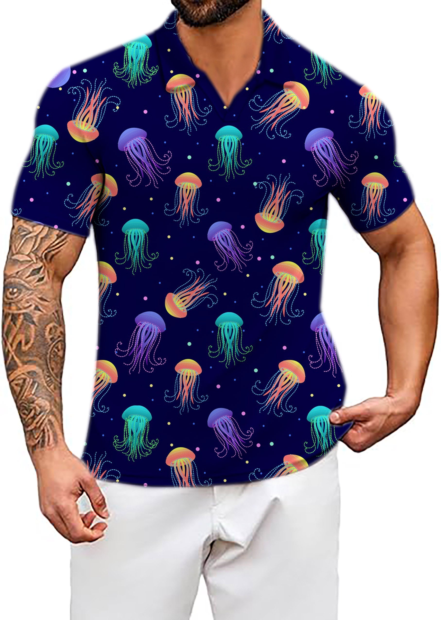 Men's jellyfish V Neck Golf Polo Shirts