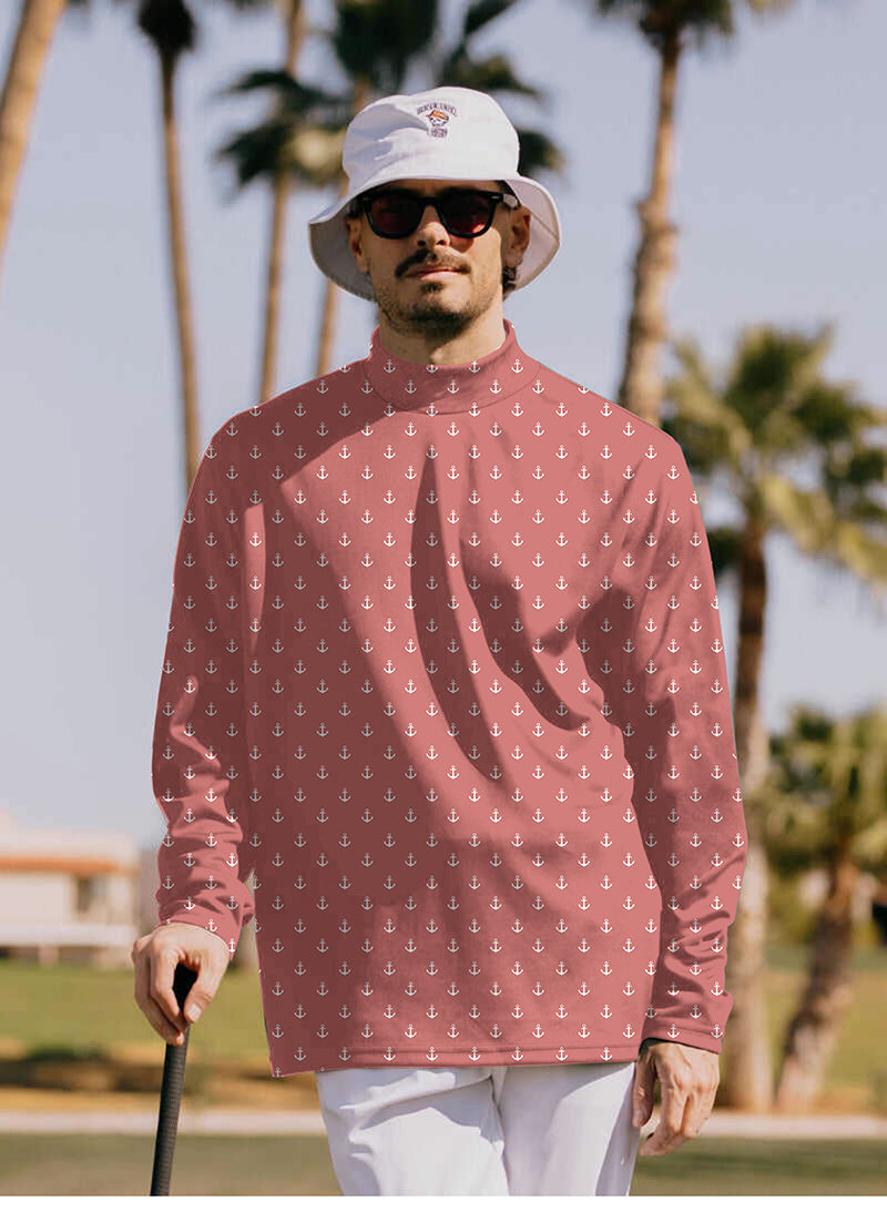 Men's pink red anchor pullover high neck long sleeve golf shirt with white anchors pattern