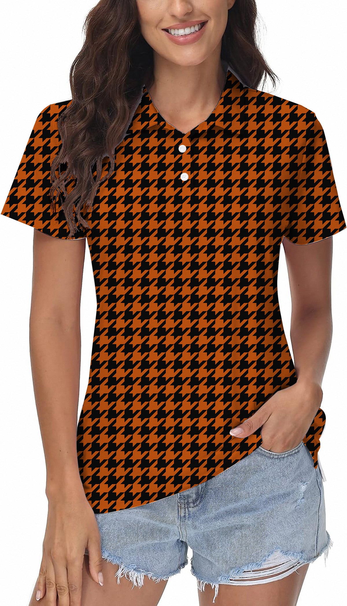 Halloween yellow and black houndstooth Women's Golf Polo