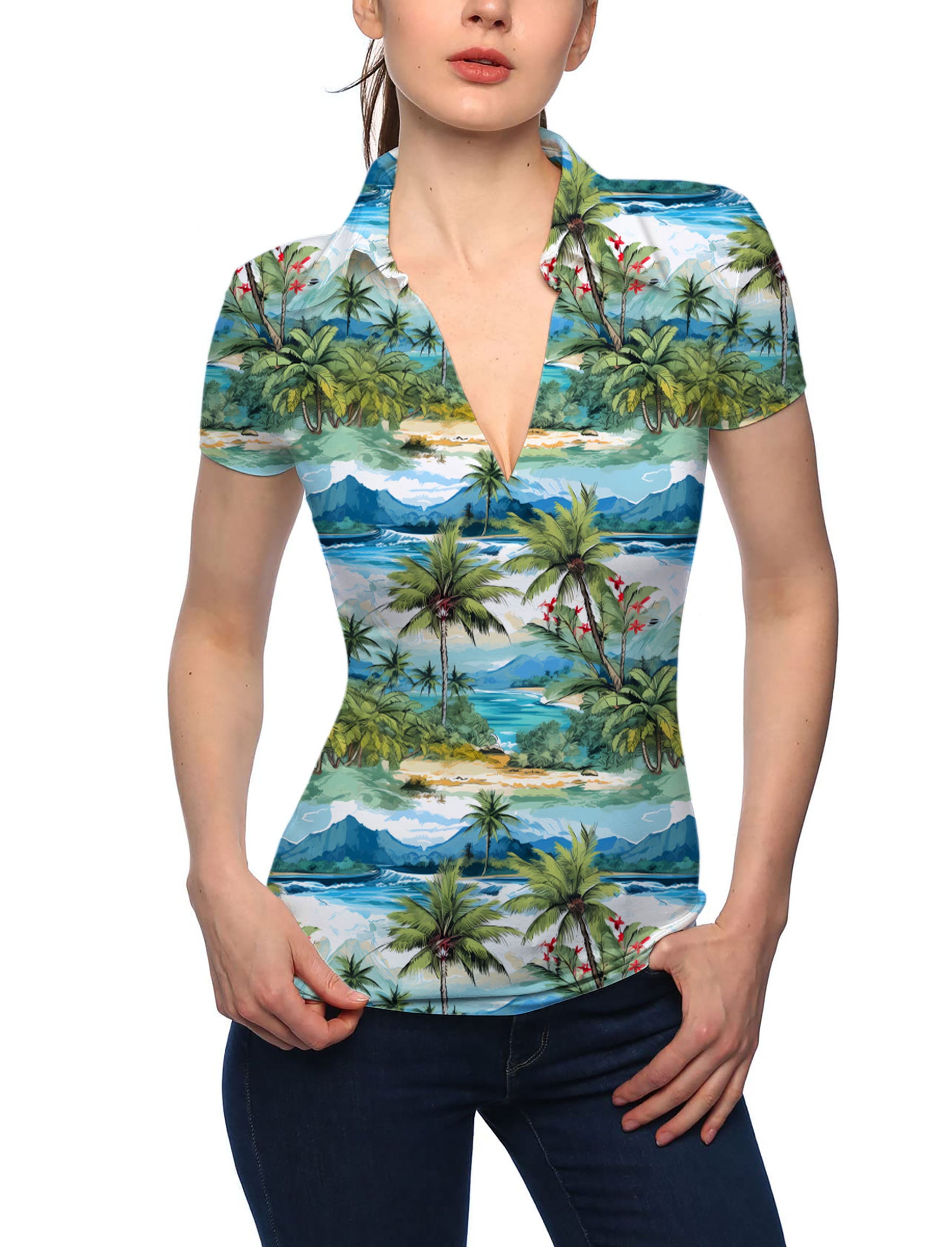 Women's Hawaii palm tree V Neck Golf Polo
