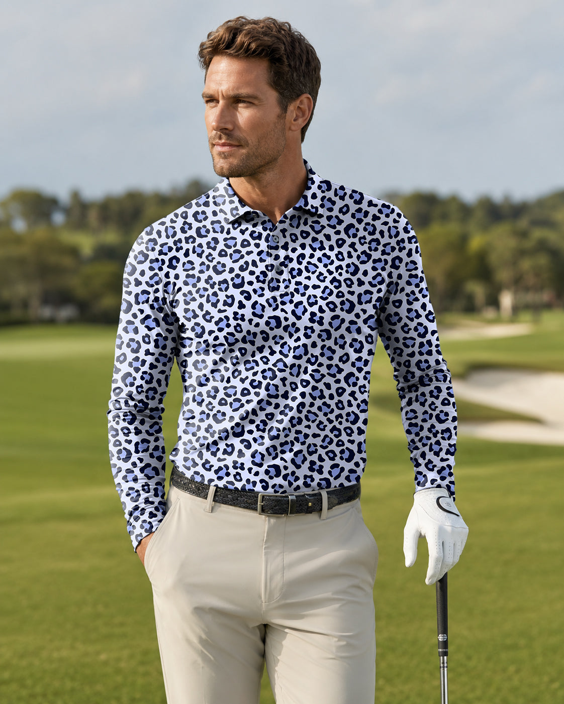 Men's purple leopard print Long-sleeved Polo