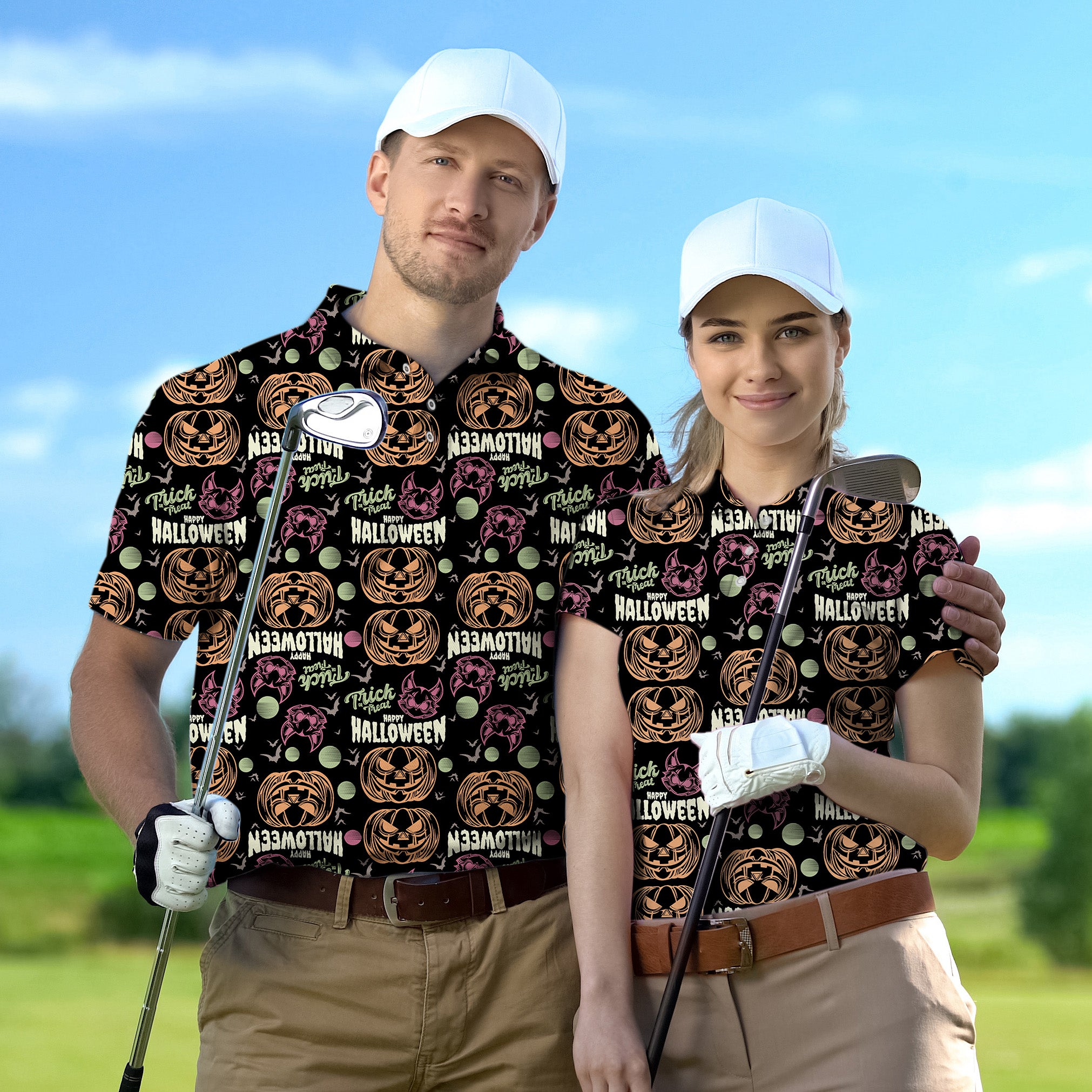 Couple Happy Halloween Colorful Pumpkin set Golf Championship Trophy tournament