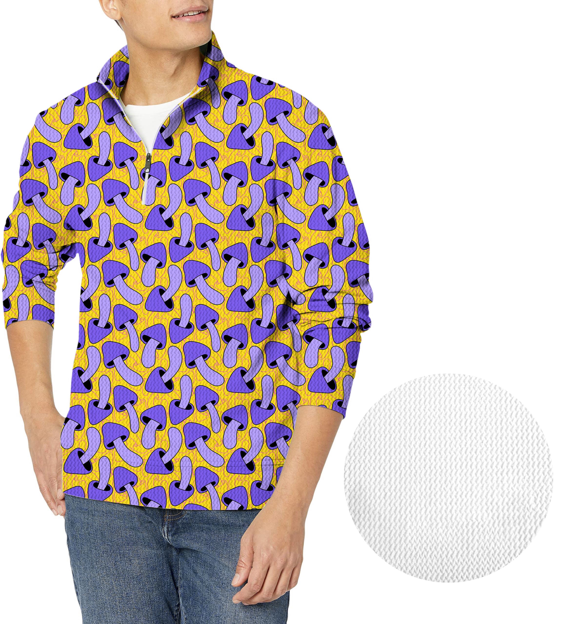 Psychedelic Mushroom Print Men's Golf Waffle Zipper Pullover