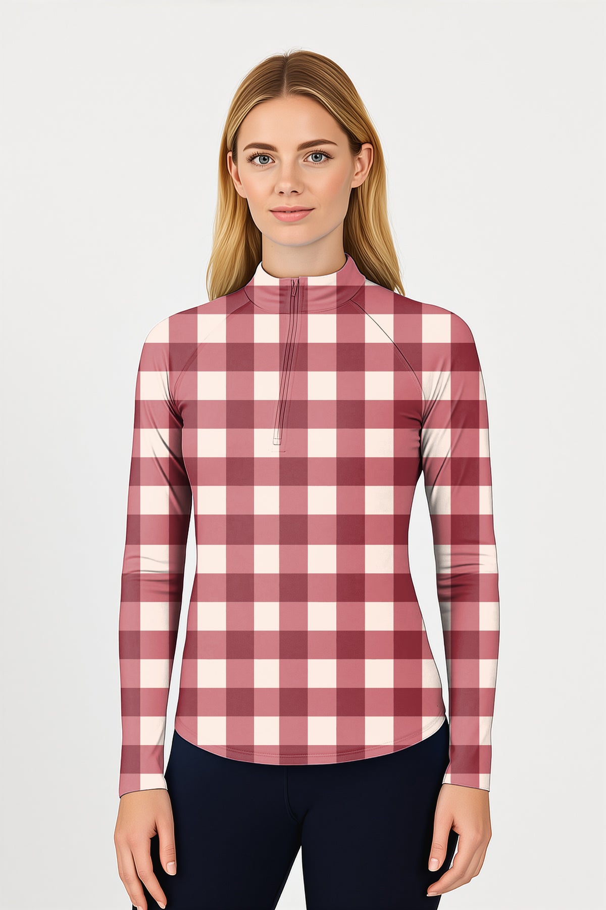 Christmas red checkerboard Women's Golf Active 3/4 Zipper Top Long Sleeves