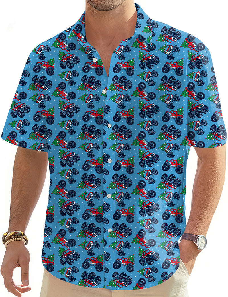 Christmas truck men's golf Hawaiian shirt with button-down design and festive truck pattern