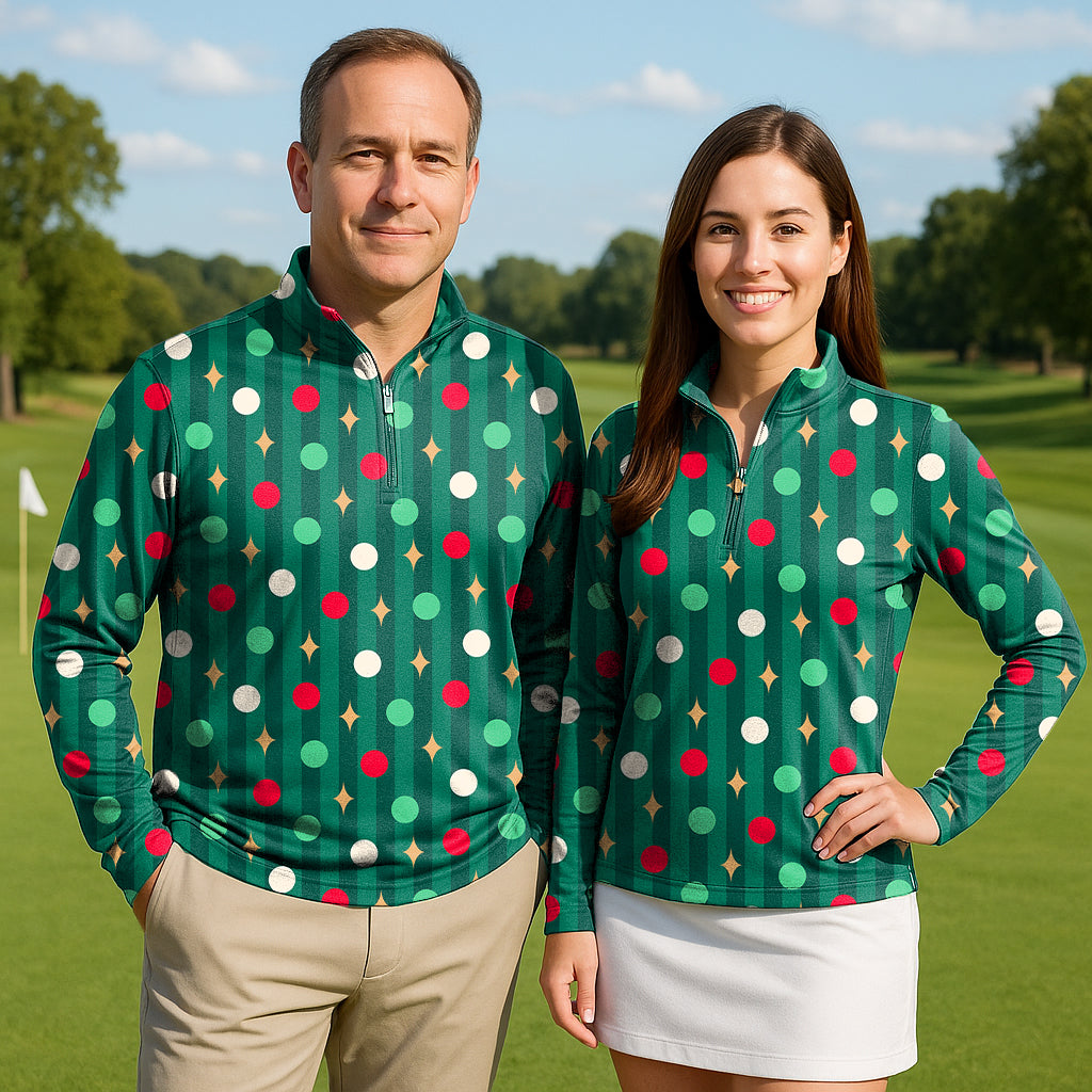 Green Christmas Lollipops Couple Golf Active 3/4 Zipper Top Long Sleeves