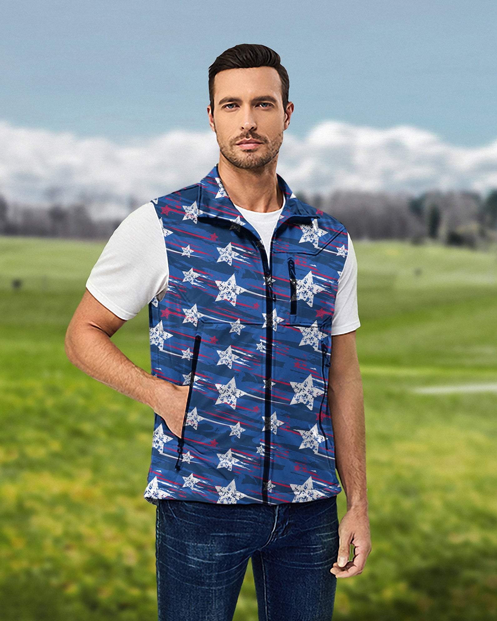 Men's American Star Lightweight Softshell Vest Sleeveless Jacket for Golf Windproof Waterproof