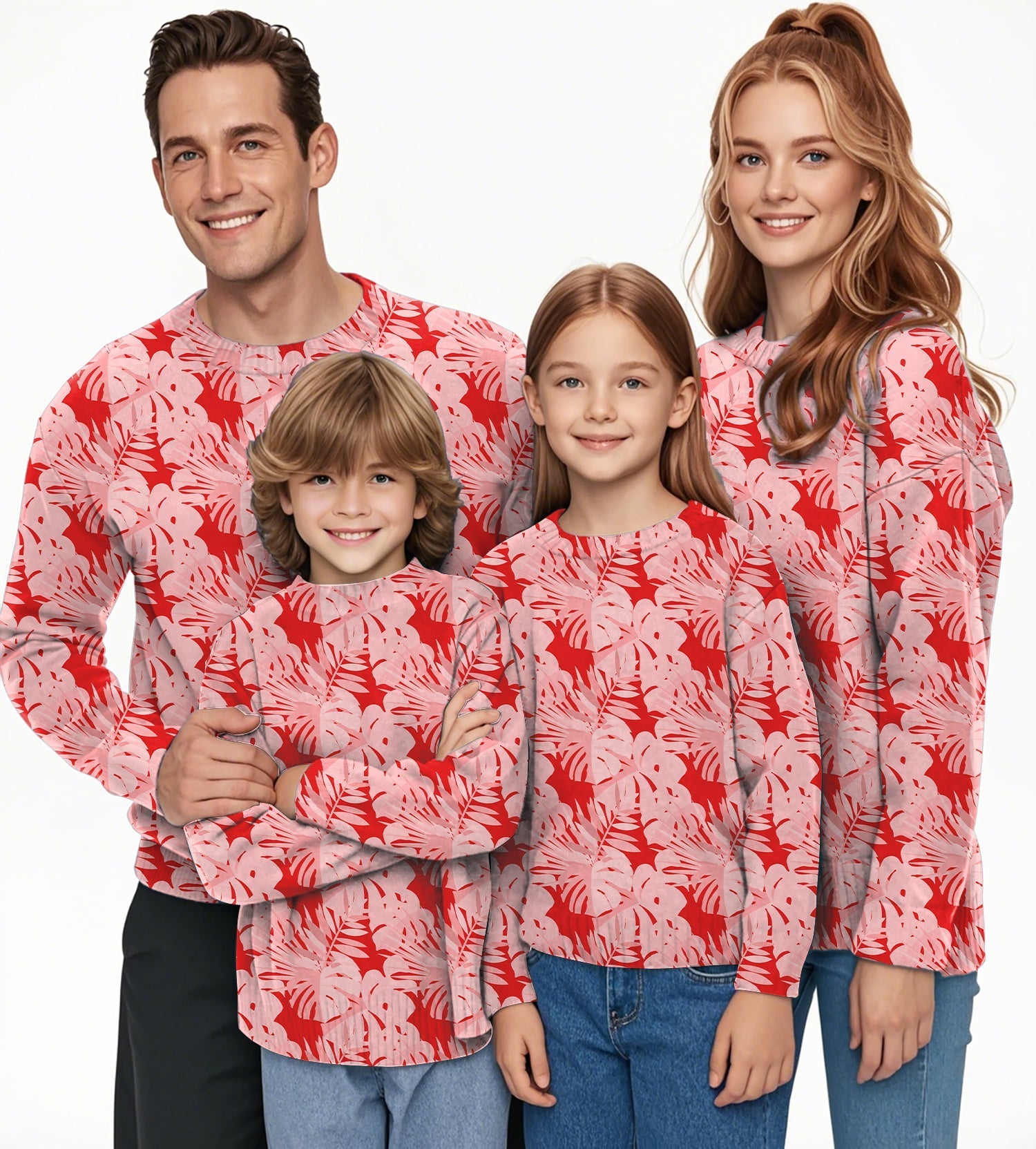 red tropical leaves and plants Crewneck Pullover Ugly Sweater Men Women boy girl family