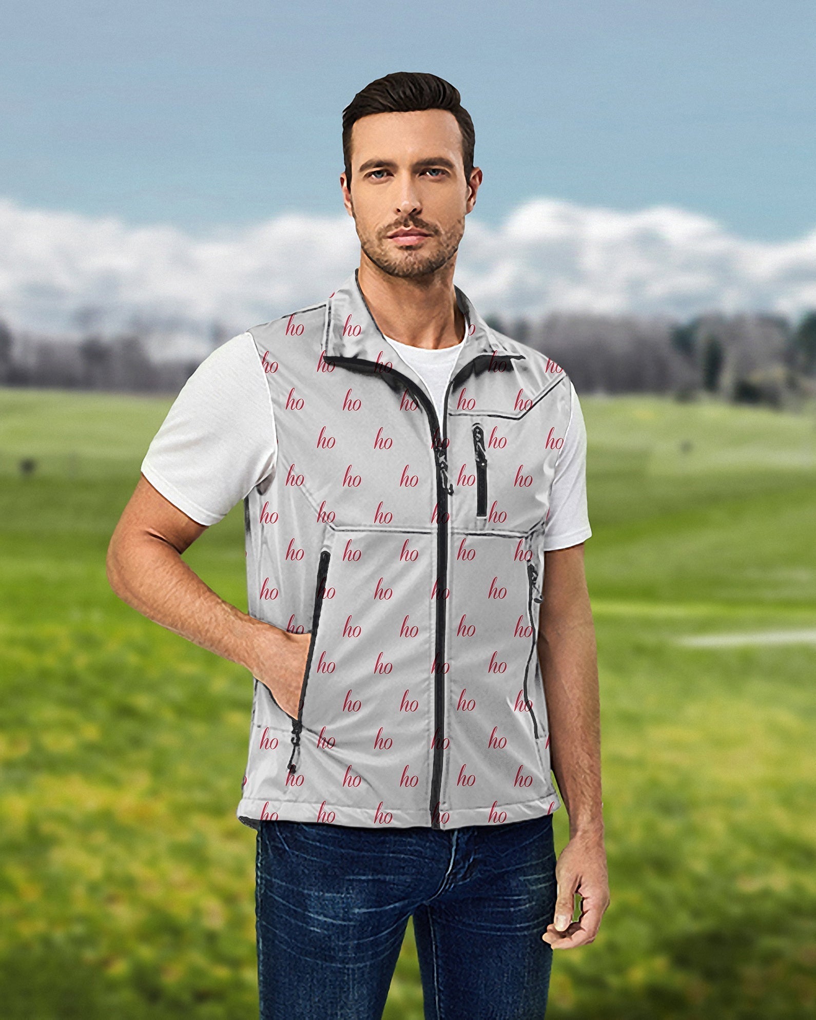Men's grey custom name Christmas softshell vest sleeveless jacket for golf, windproof and waterproof