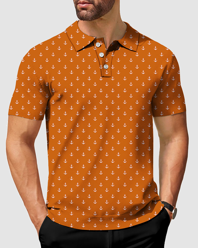 Men's orange polo shirt with white anchor pattern, classic fit, moisture-wicking, wrinkle-resistant, and UV protection.