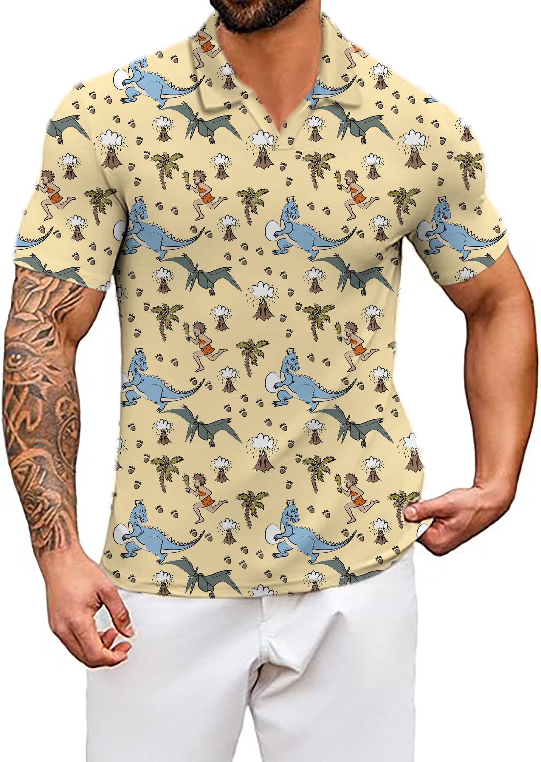 Men's dinosaur wild man volcano V Neck Golf Polo Shirts