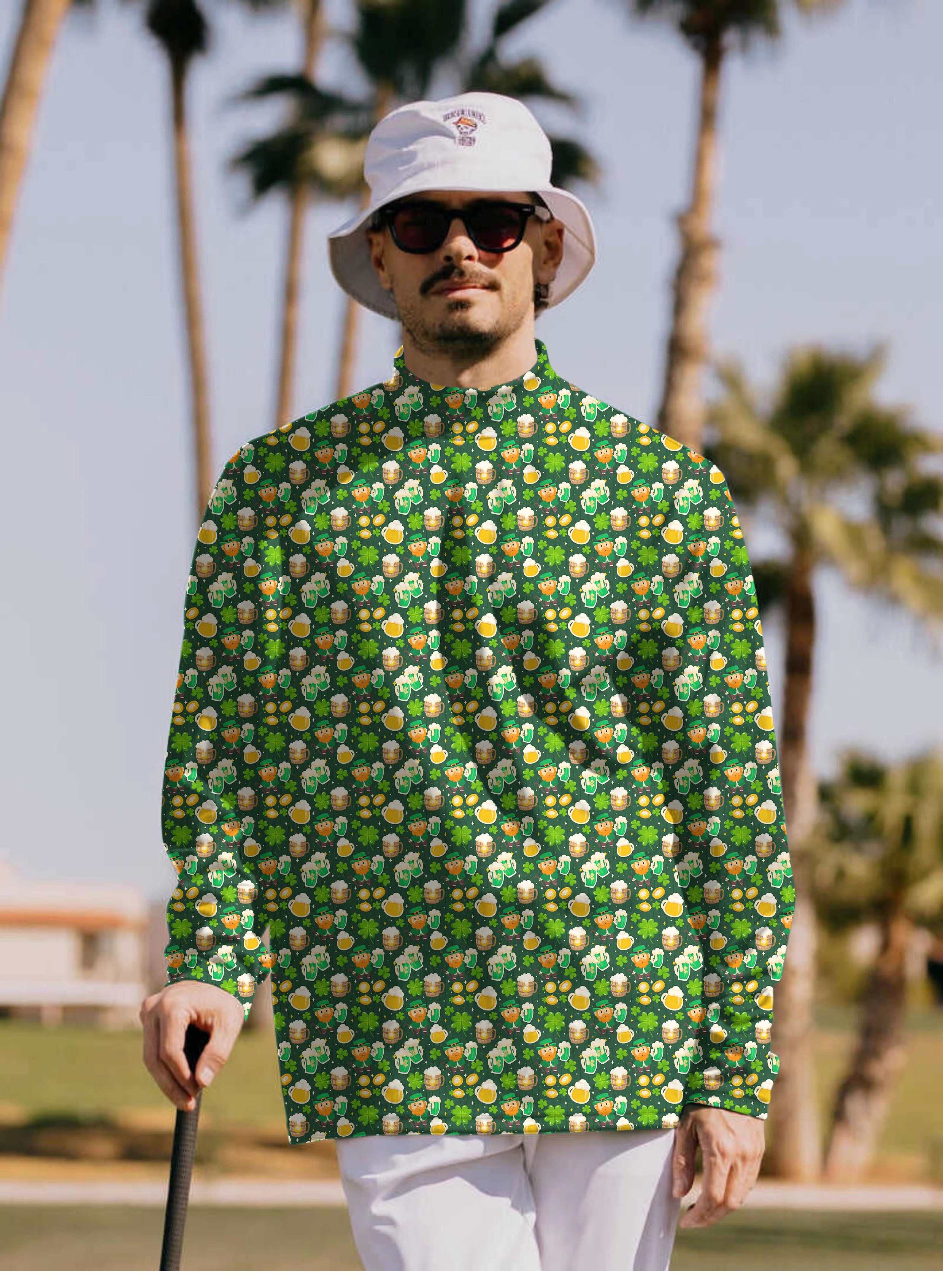 Men's Green beer clover leaf St. Patrick's Day Pullover High neck Long/Short sleeve T-Shirt