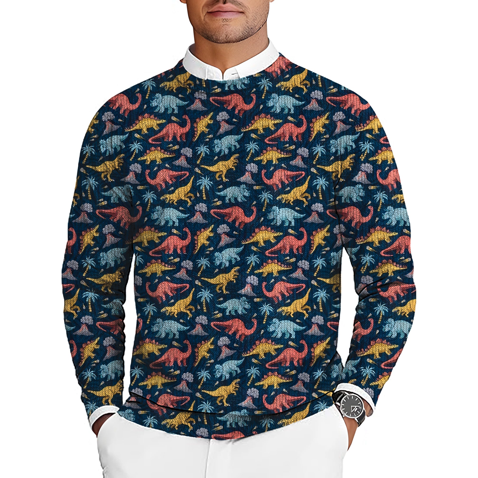 Dinosaur World Men's Golf Crewneck Pullover Sweaters Ugly Sweater