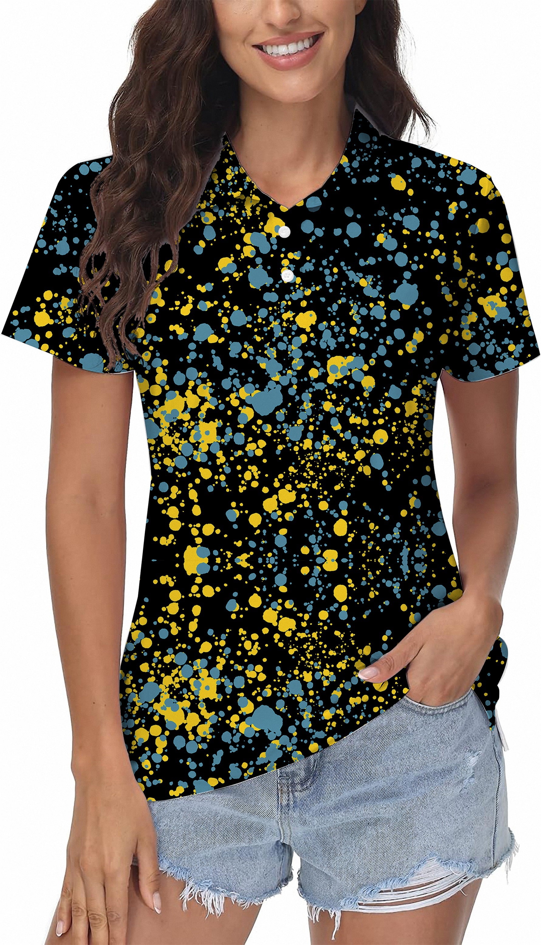 Women's blue and yellow paint splashes Golf Polo